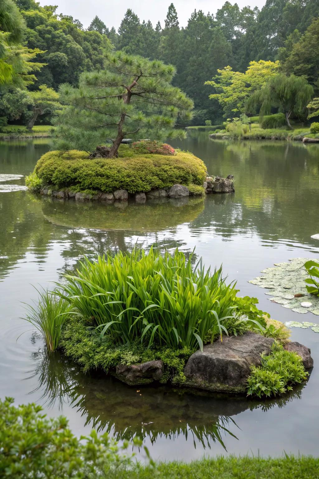 A floating plant island adds depth to your pond.
