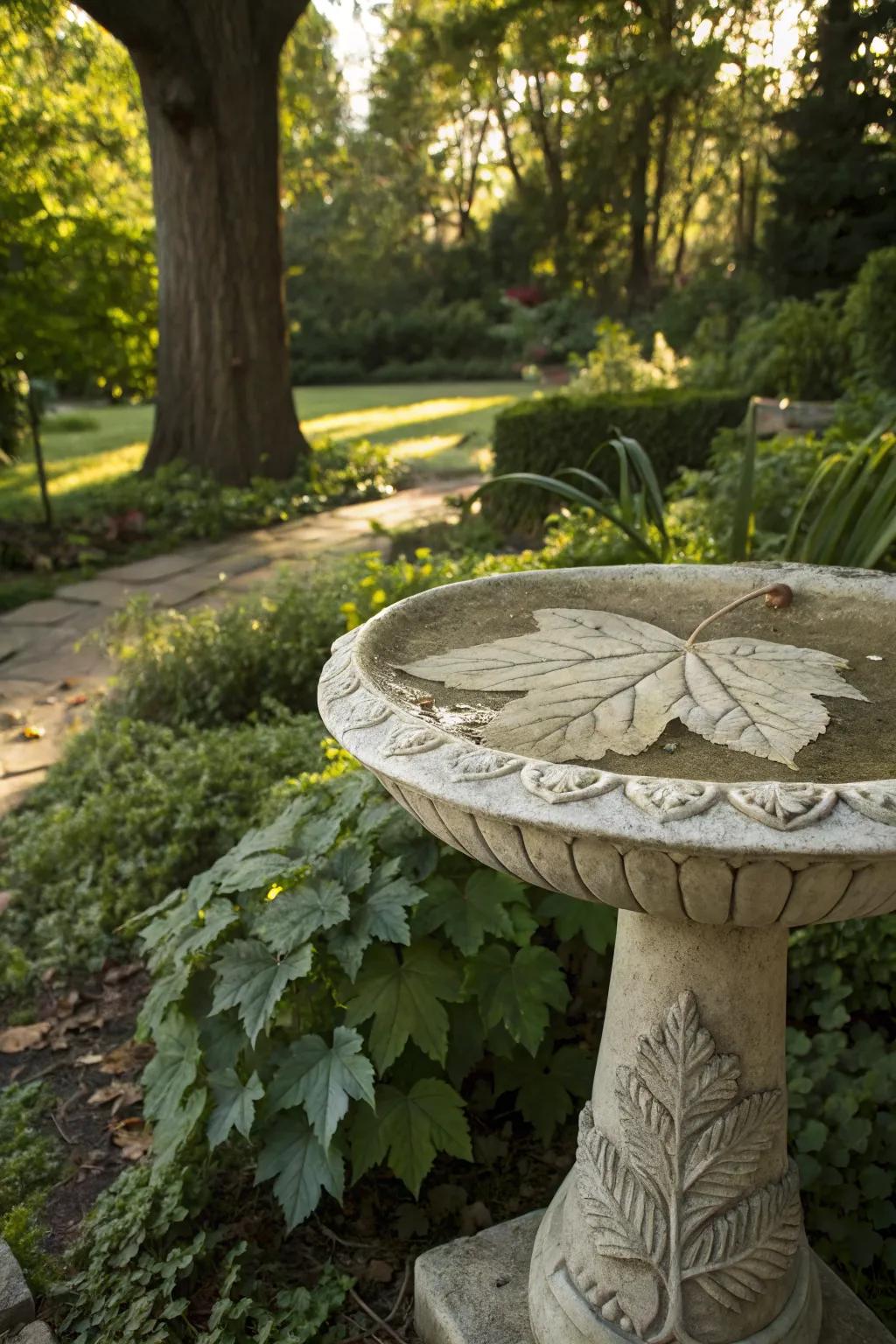 A concrete leaf impression birdbath serves as both art and utility.
