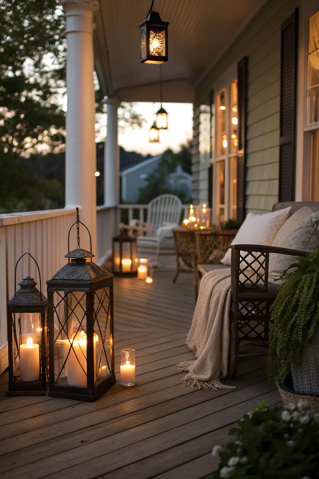 Lanterns casting a warm glow on a fall porch.