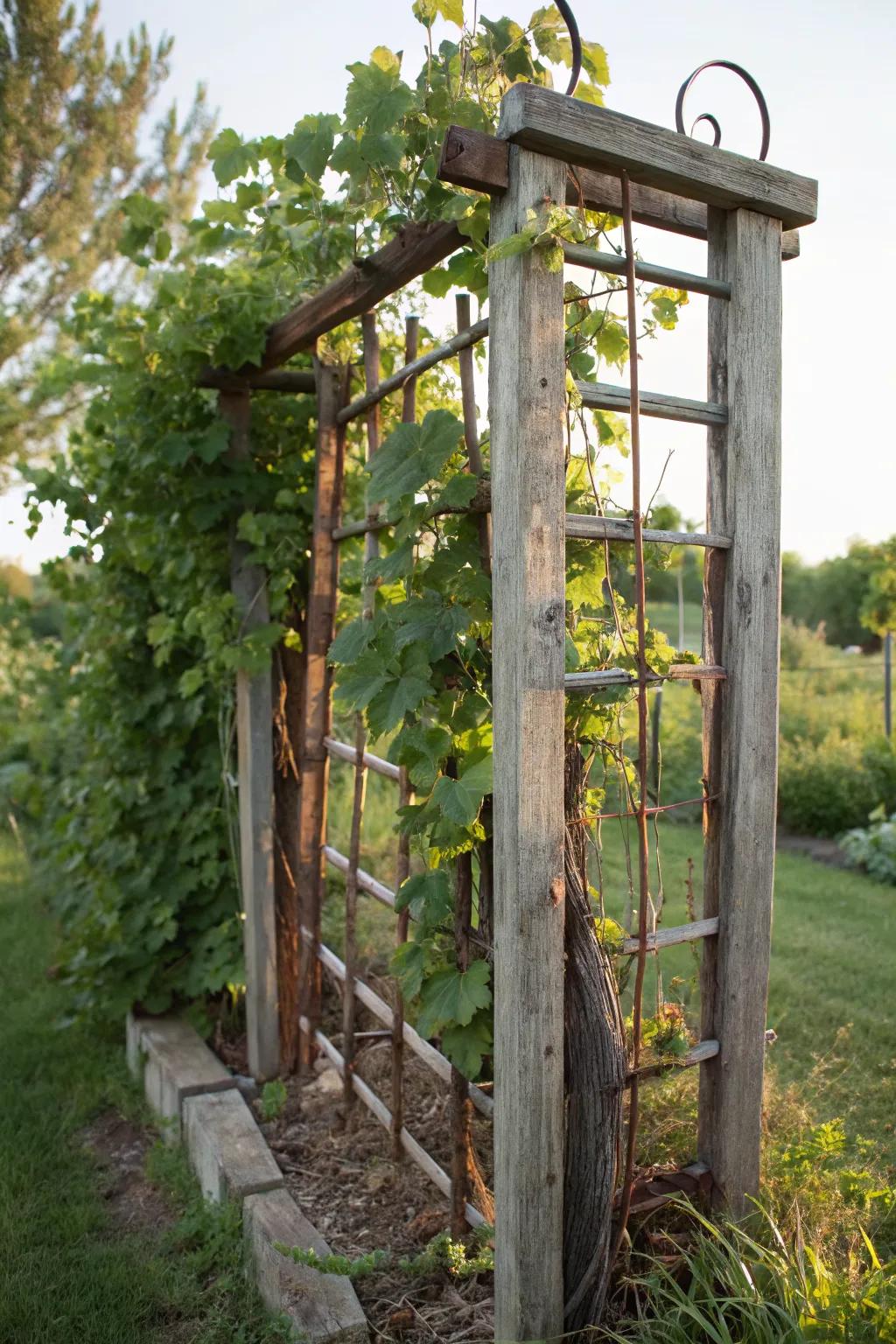 Embrace sustainability with a trellis made from reclaimed materials.