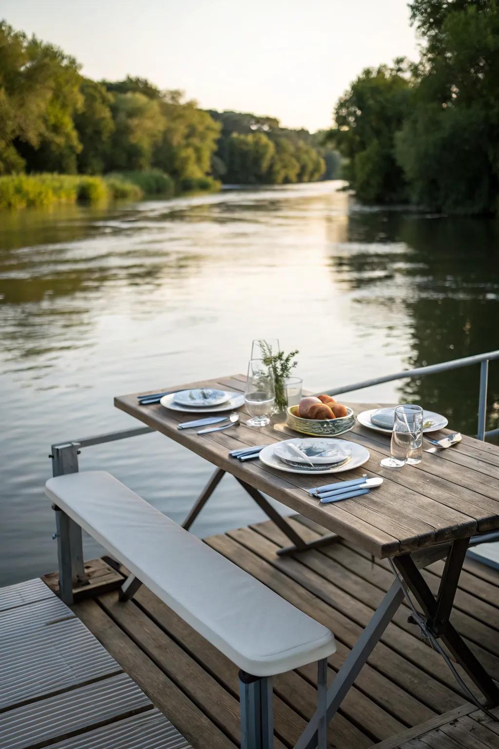 Fold-down picnic tables provide dining space without cluttering the dock.