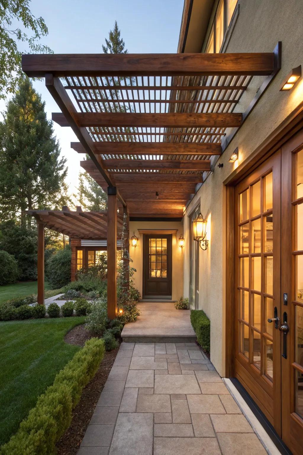 Pergola-style awnings bring a natural feel to this entrance.