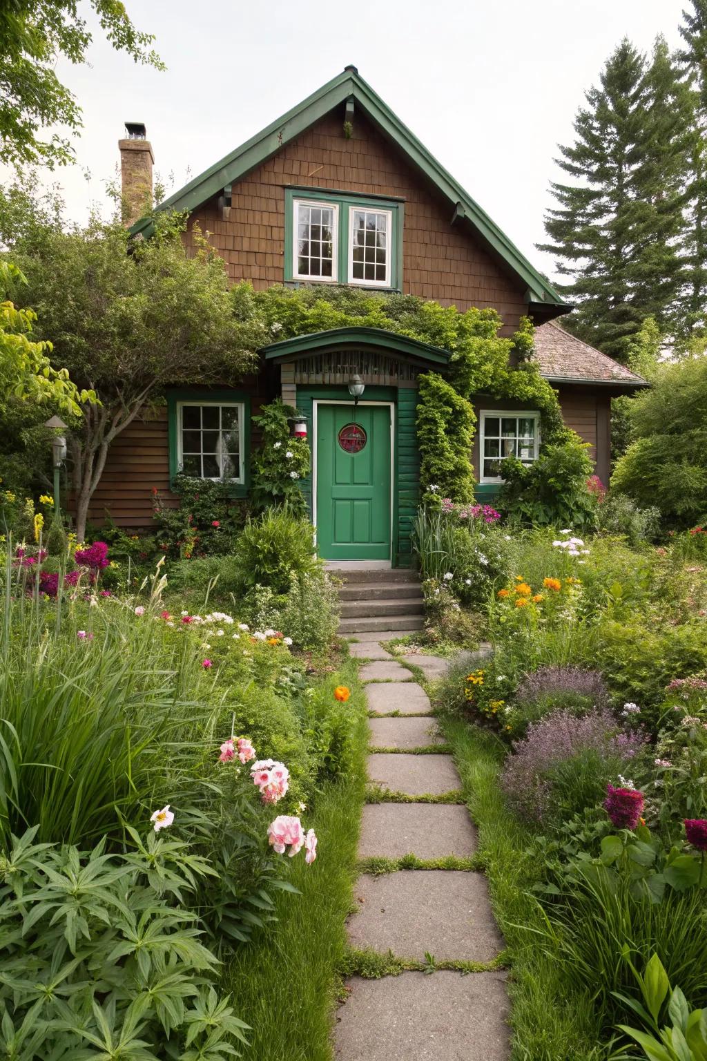 Green doors blend seamlessly with natural surroundings of a brown home.