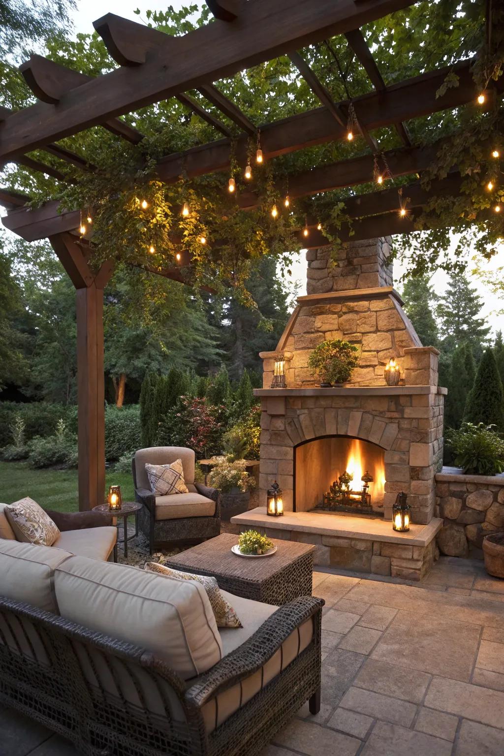 Stay cozy with a fireplace under a stylish pergola.