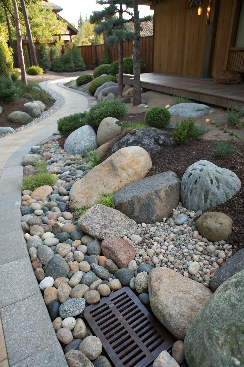 Rock gardens add character while hiding drain covers effortlessly.