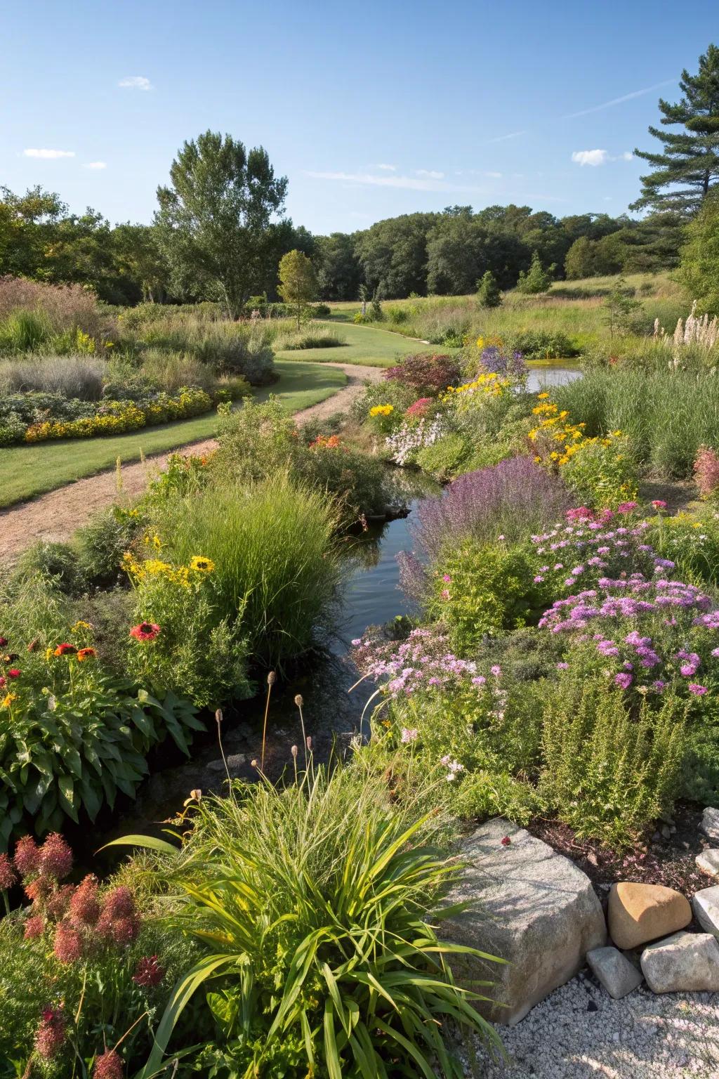 Native plants naturally enhance drainage solutions.