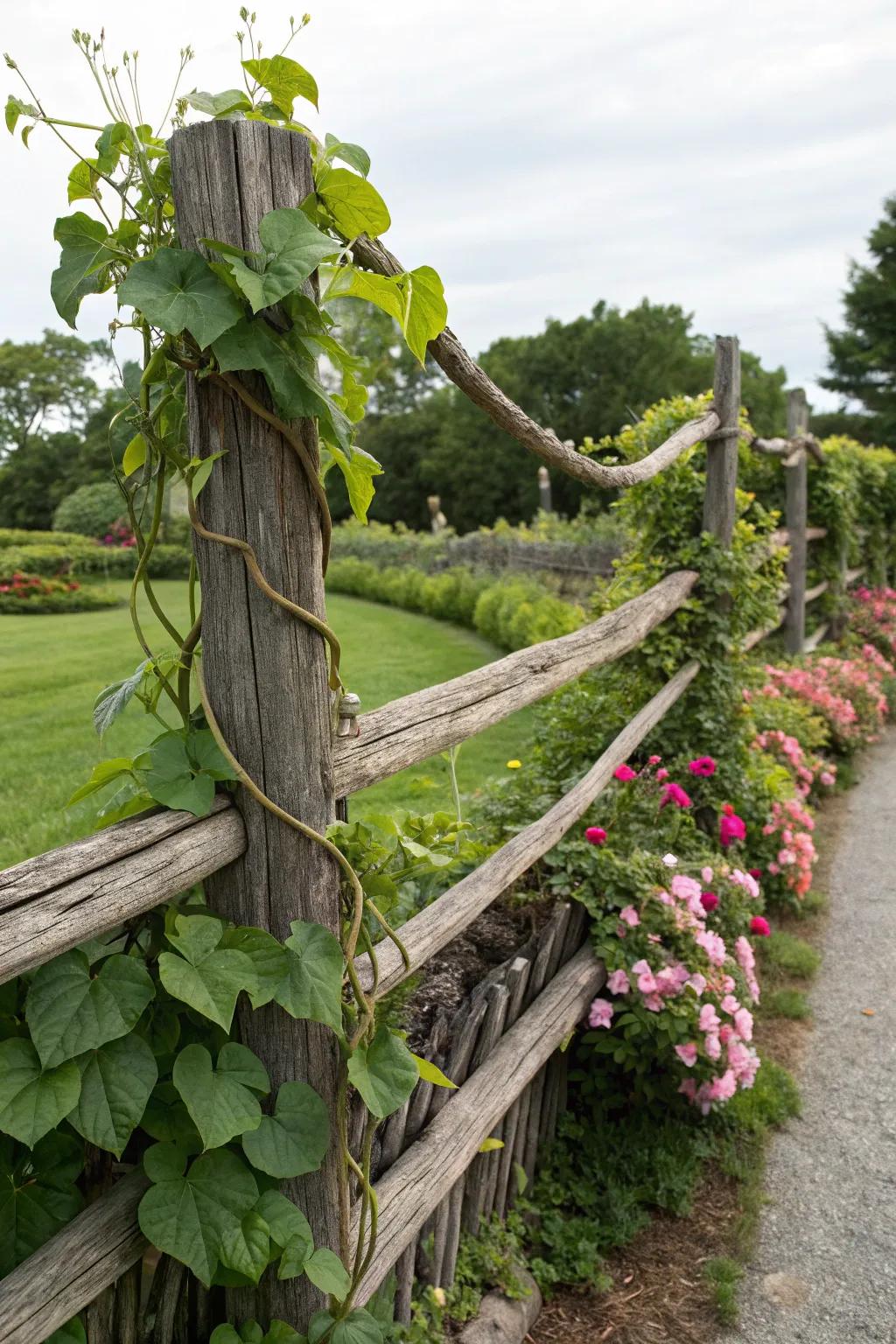 Vines climb a driftwood fence for a living wall effect.