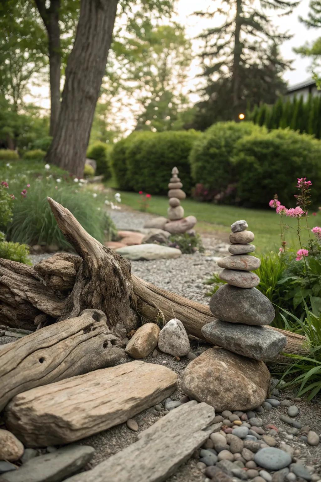 A harmonious blend of driftwood and stones in a garden.