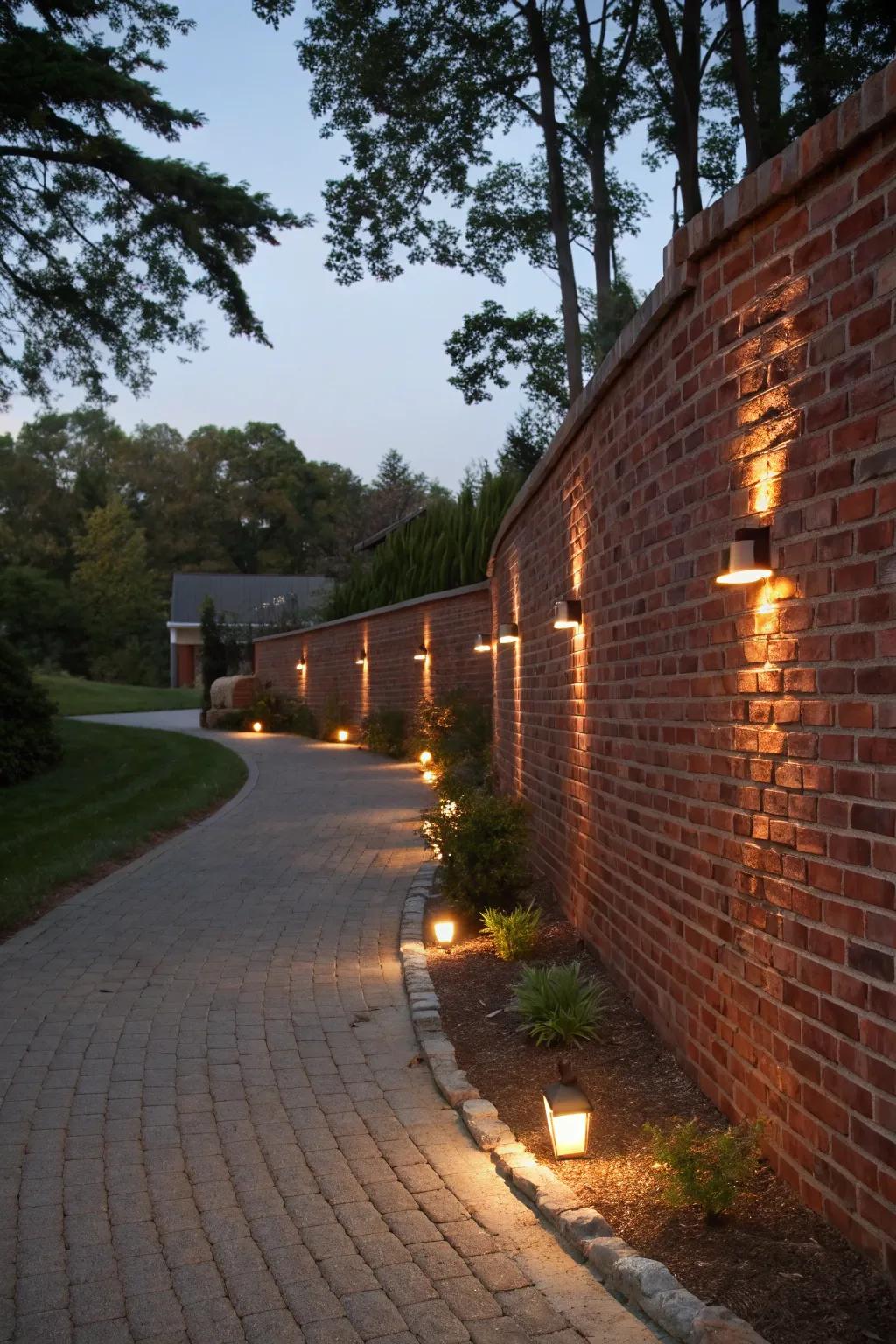 Integrated lighting adds warmth and allure to the driveway's brick wall.