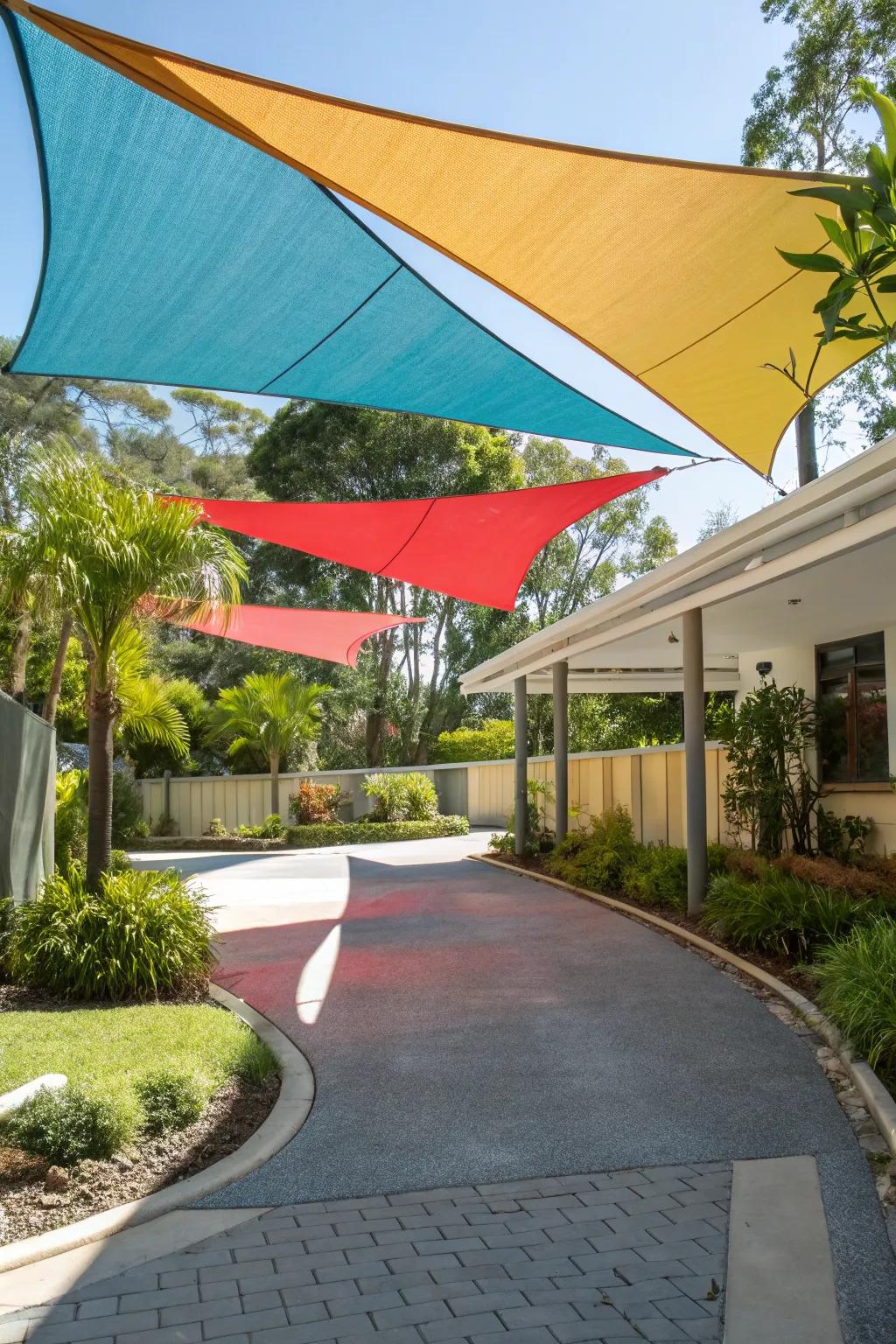 Shade sails adding a touch of whimsy and color.