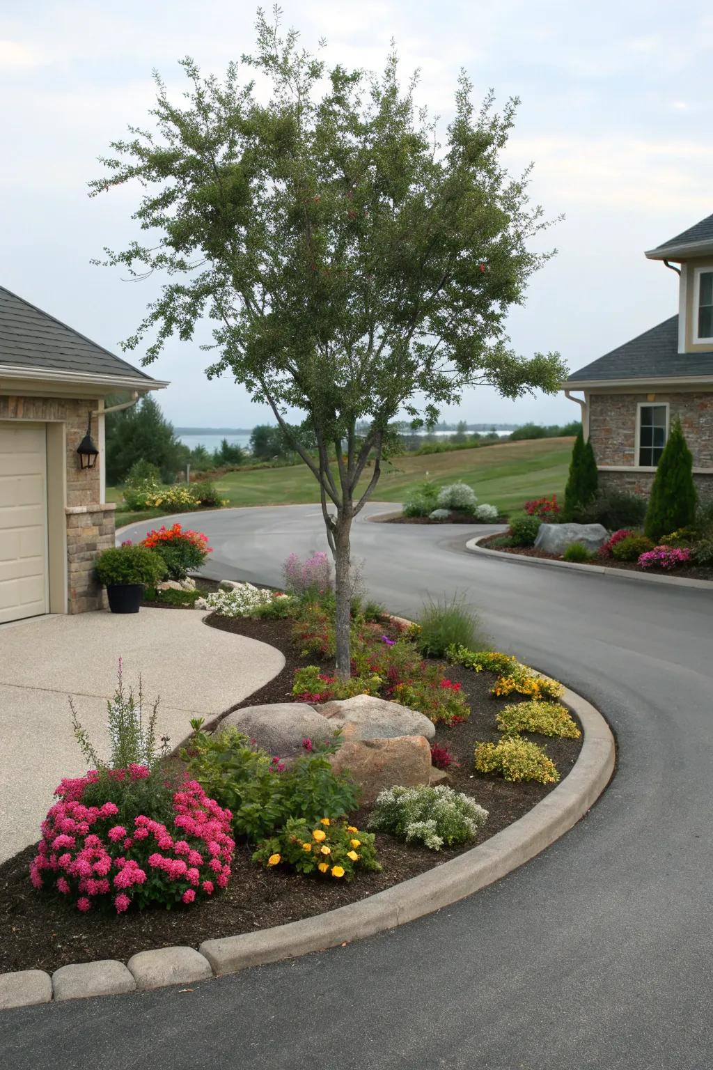 Driveway islands create natural focal points and add greenery.