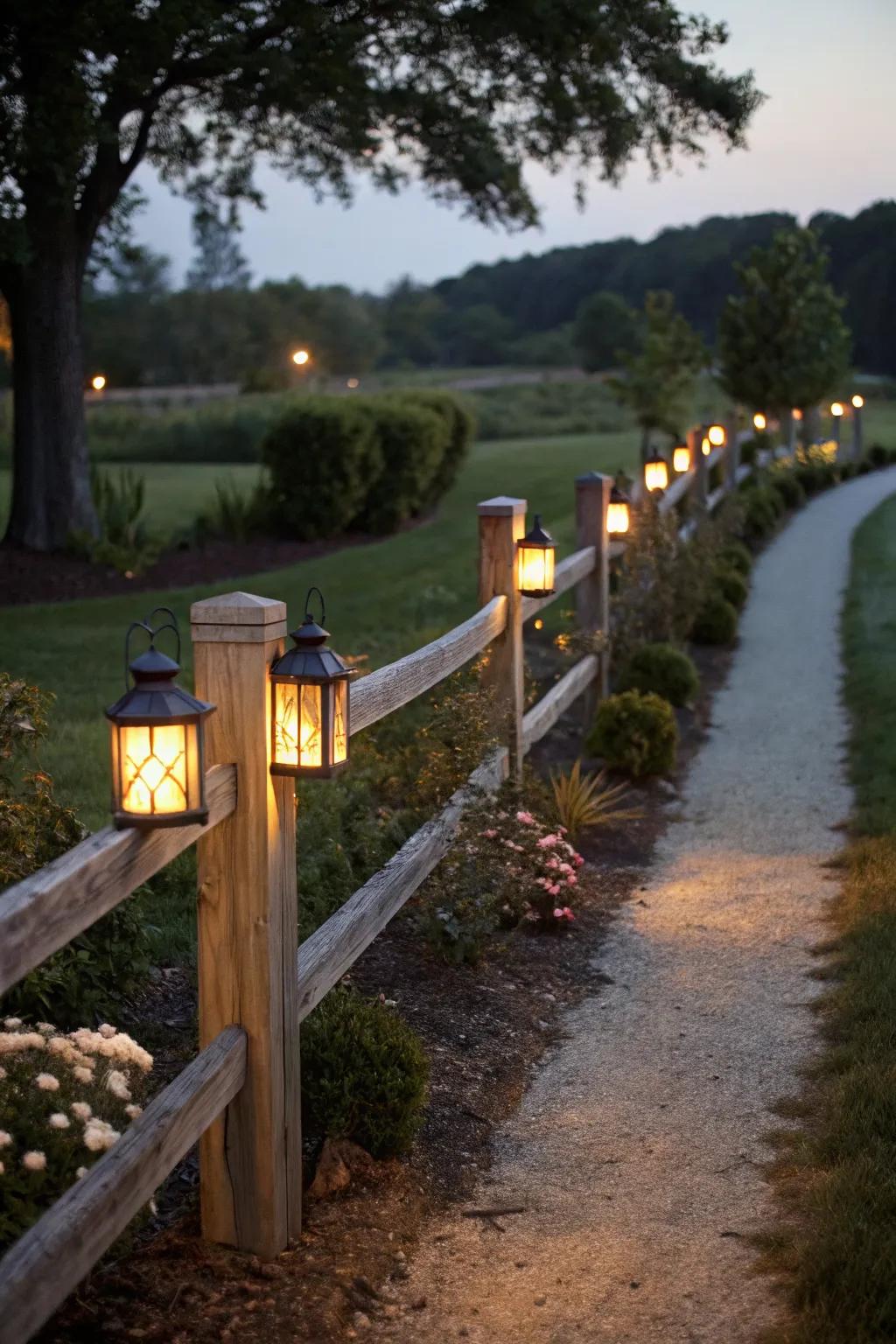 Subtle lighting highlighting a split rail fence at night.