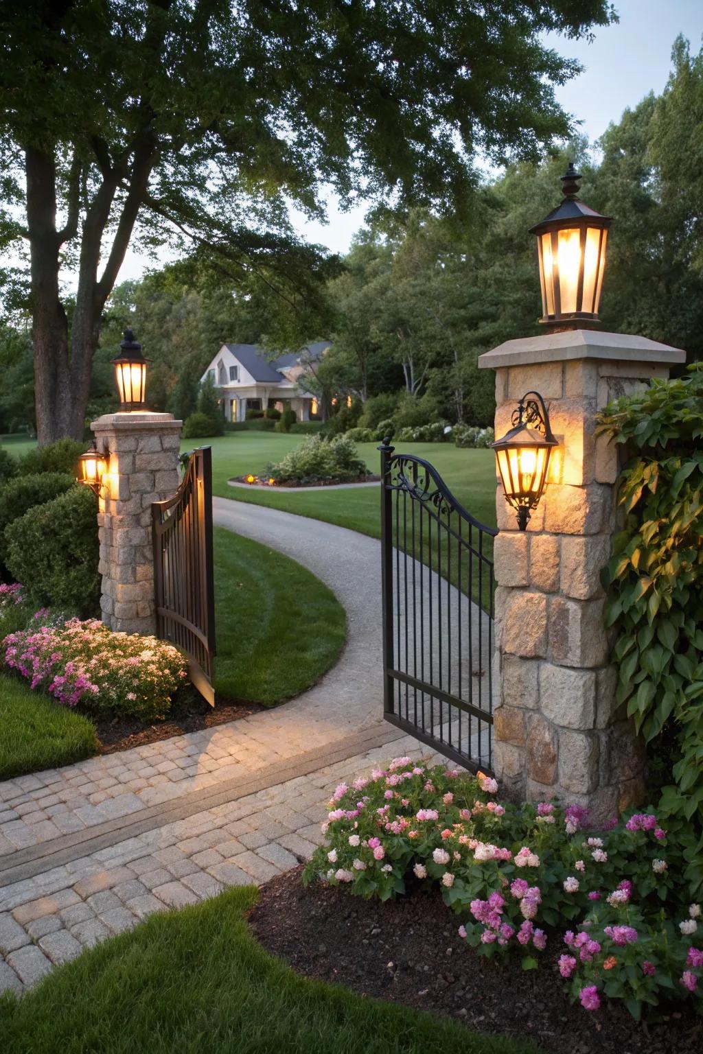 Lanterns add a welcoming glow to this elegant entrance.