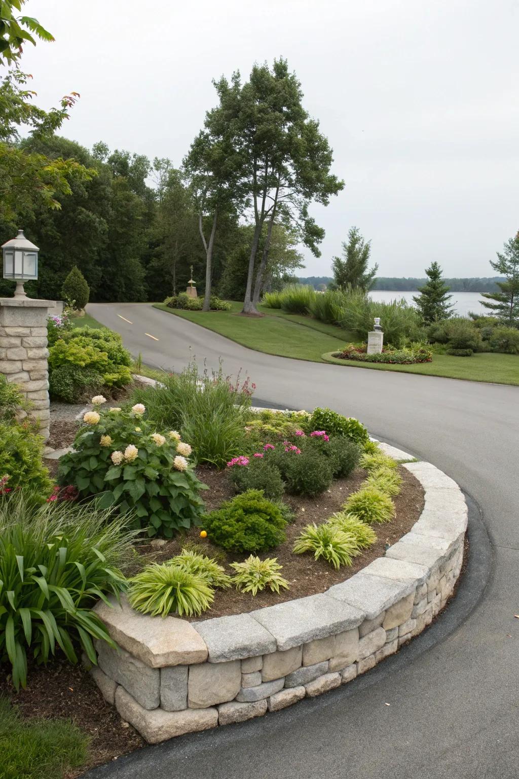 Stone edging provides a crisp boundary for your driveway island.