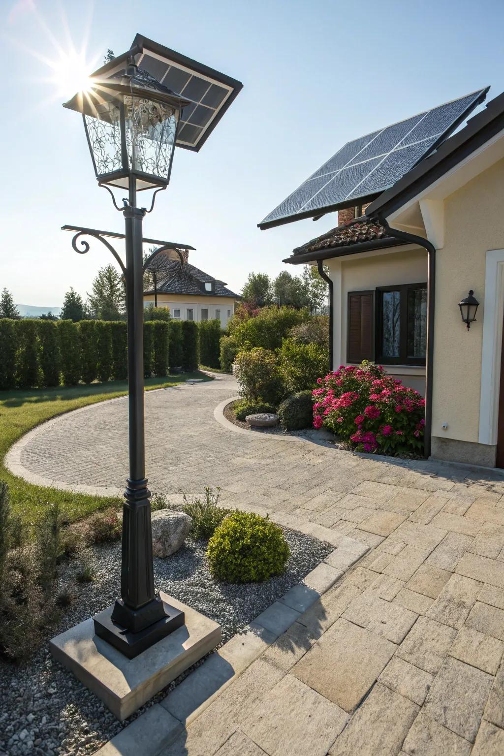Eco-friendly solar lamp post harnesses the sun's power.