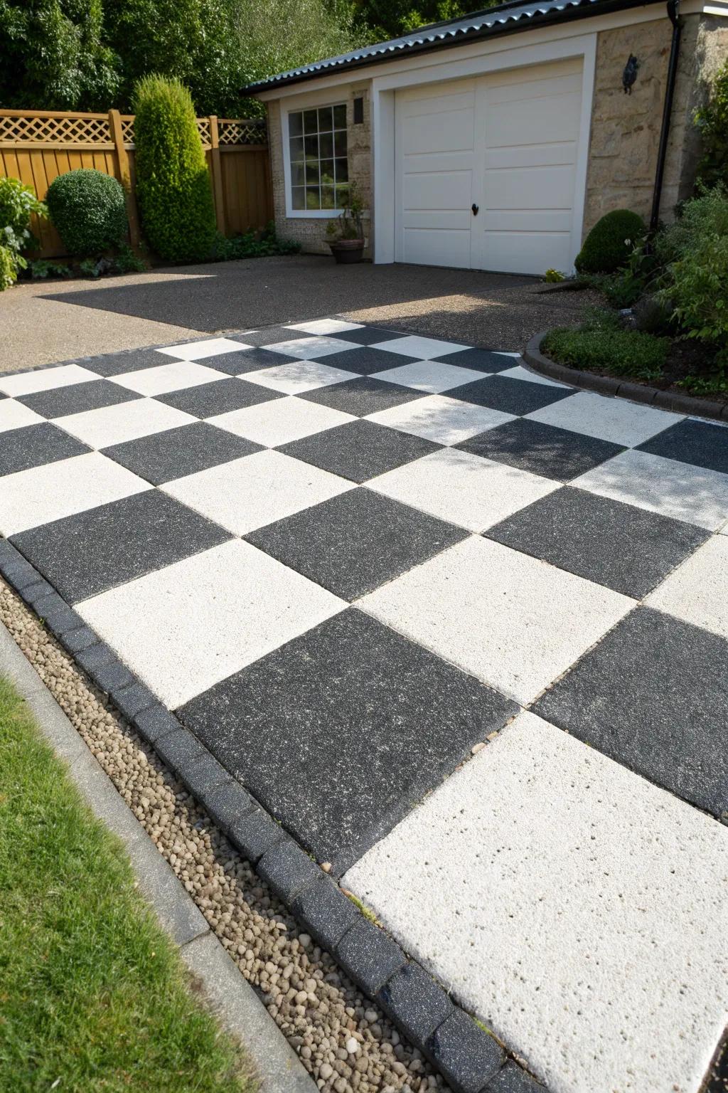 A driveway with an engaging checkerboard pattern.