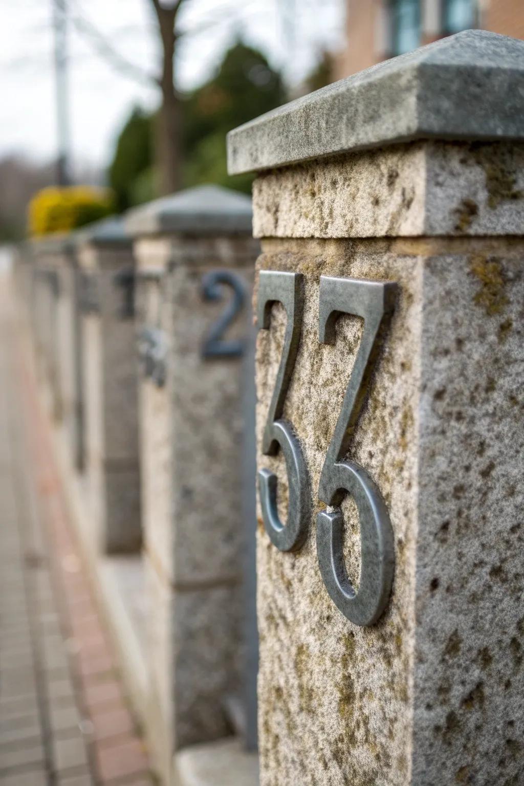Address numbers integrated into the stone pillars for easy visibility.
