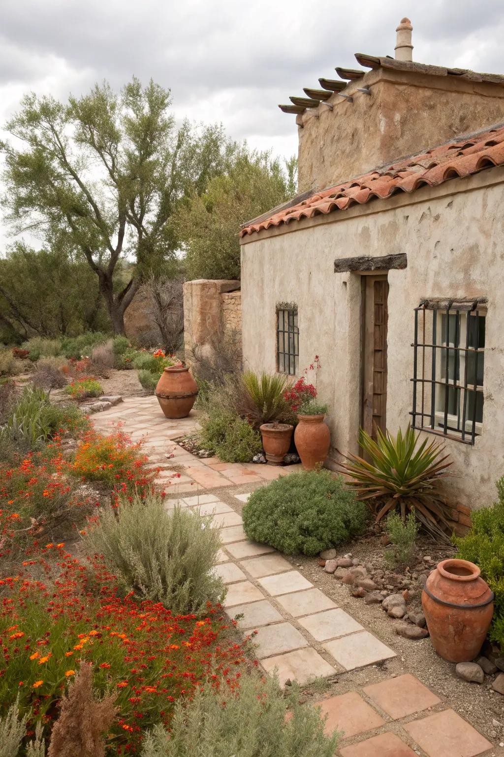 Mediterranean elements like stucco and terracotta complement drought-tolerant gardens.