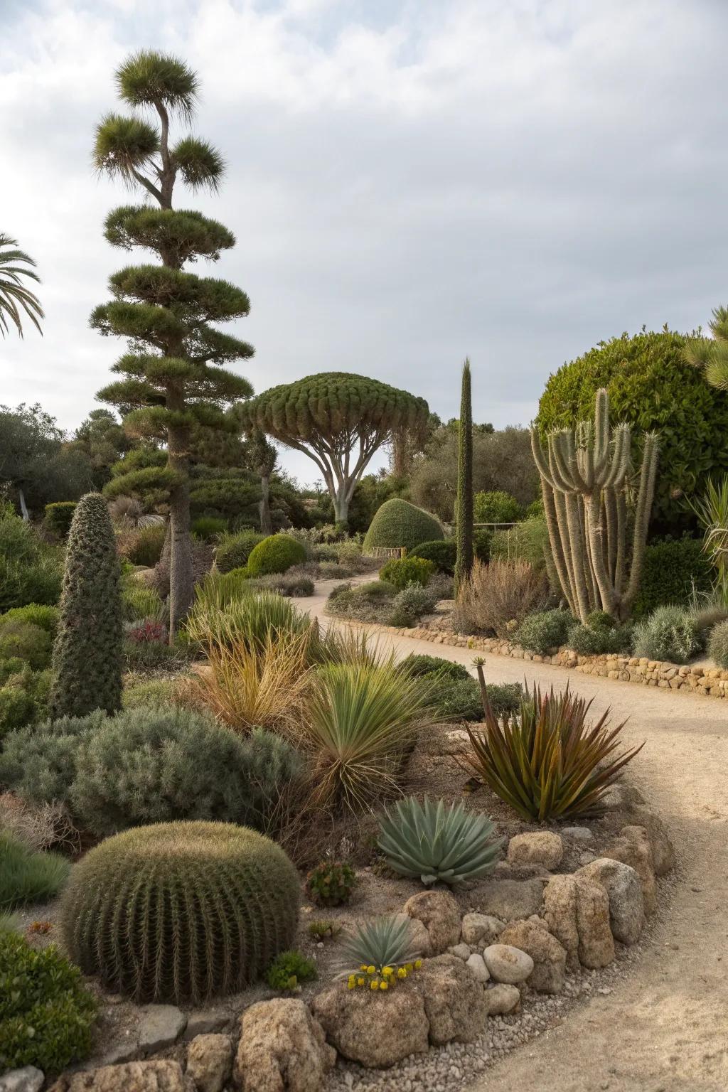 Layered plant arrangements creating depth in a dry garden.
