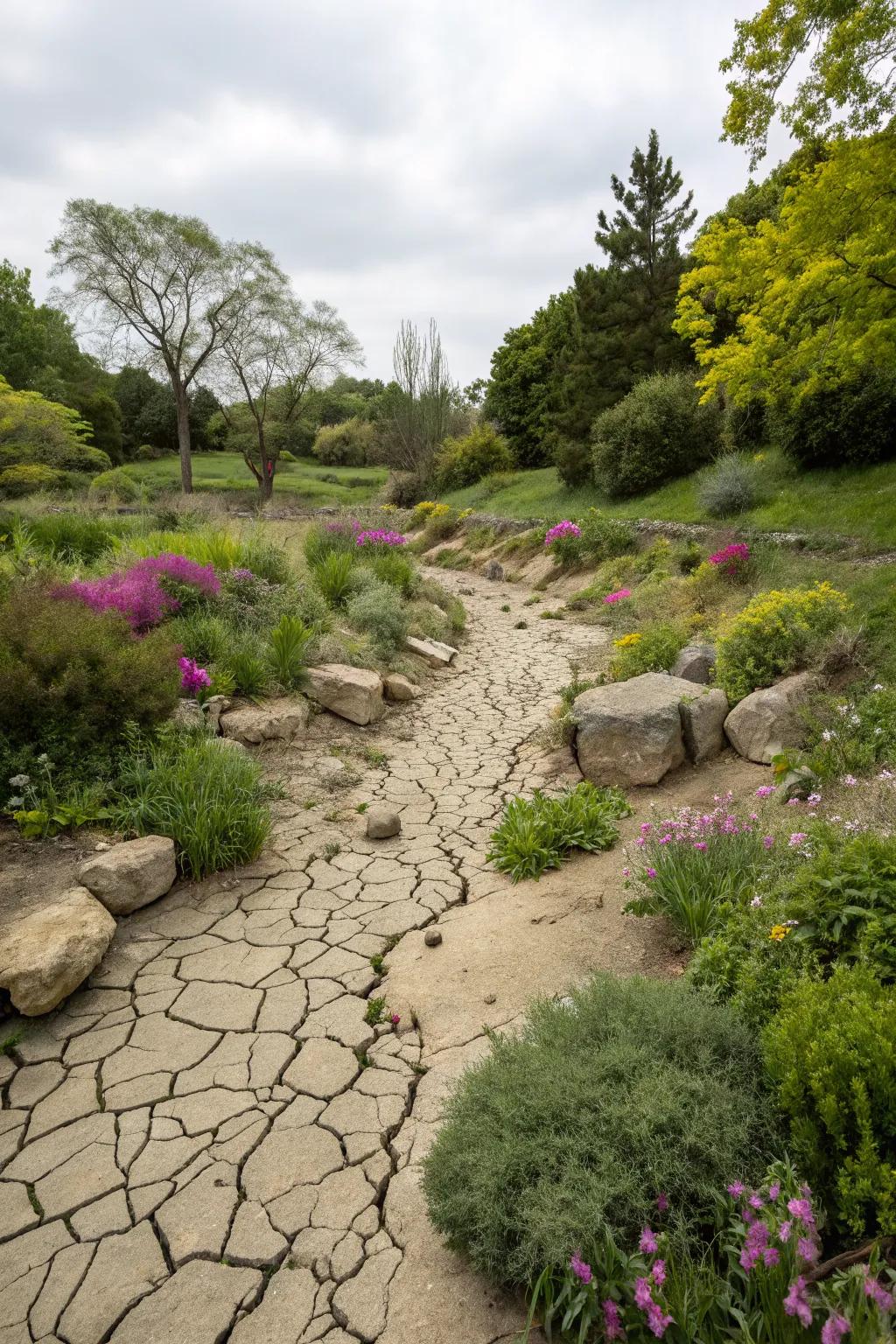 A dry river bed blends seamlessly with the garden landscape.