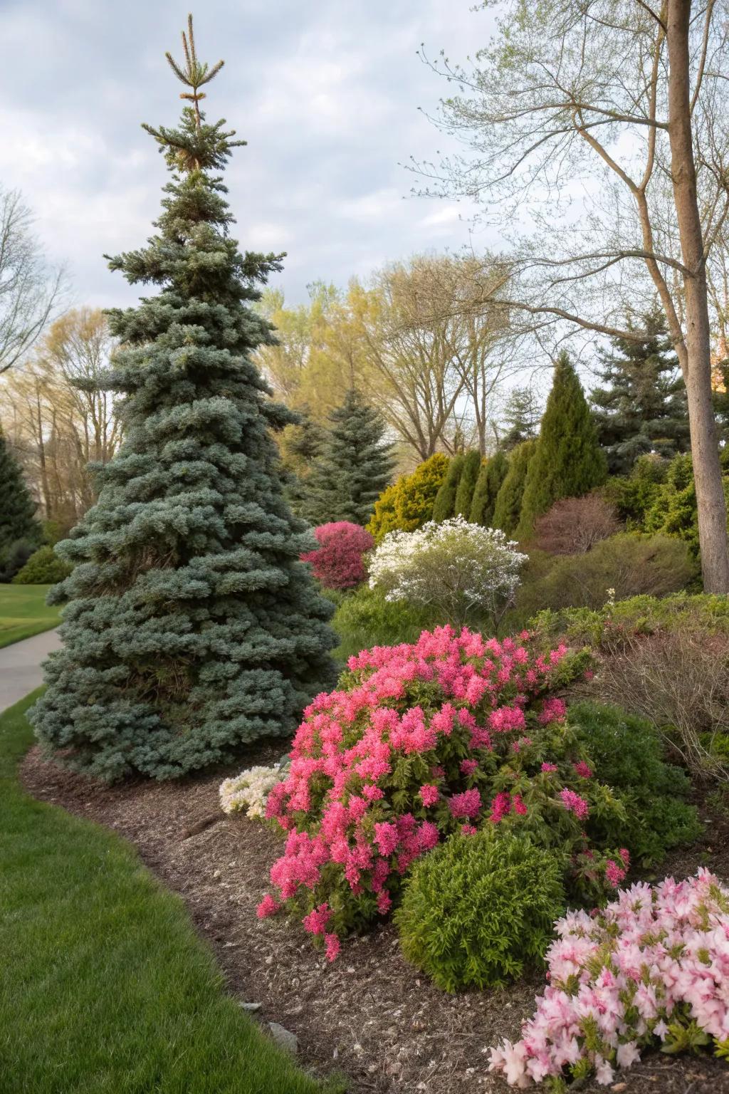 Diverse shrub bed with dwarf Alberta spruce and colorful flowers.