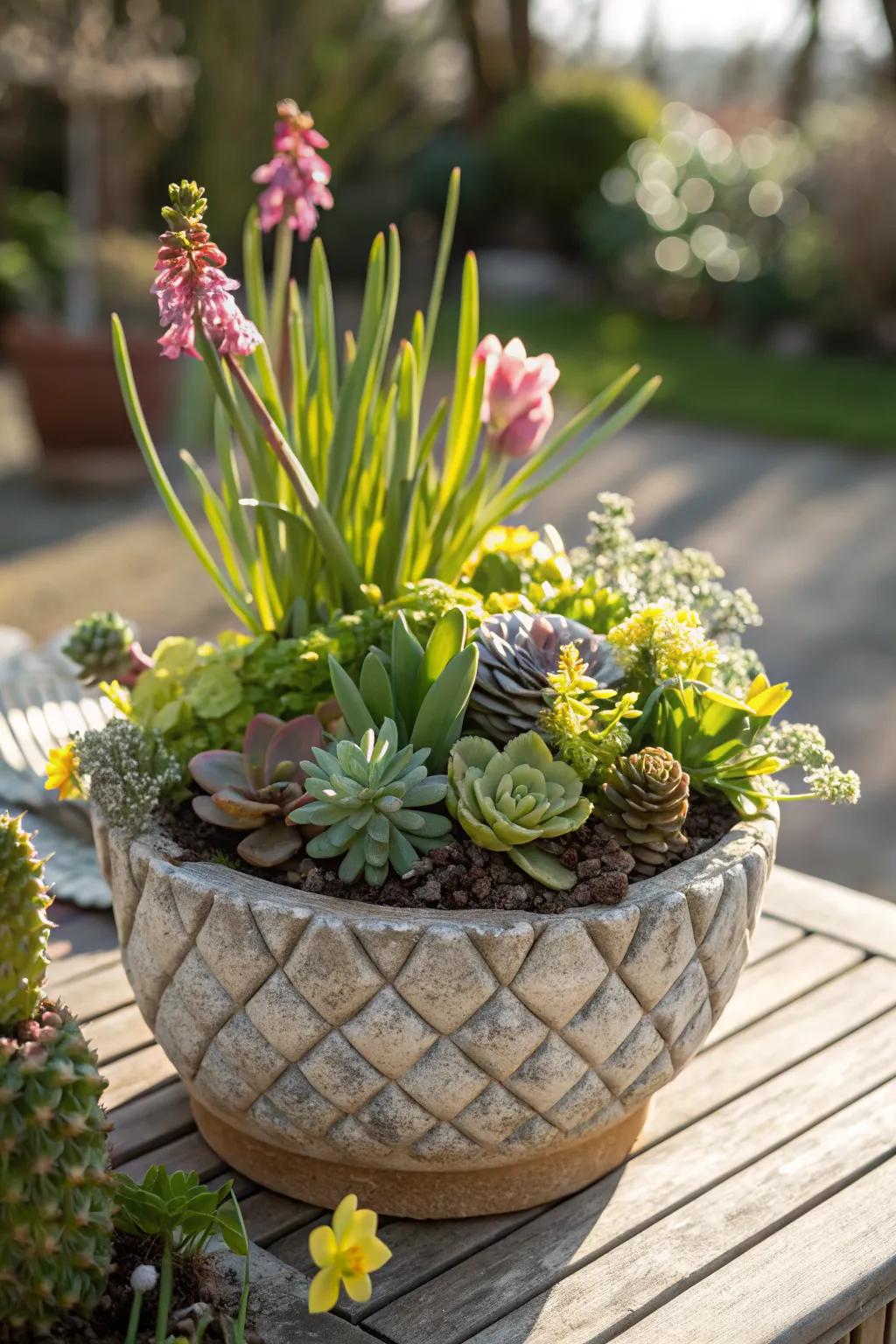 A harmonious blend of succulents and spring flowers for texture and ease.