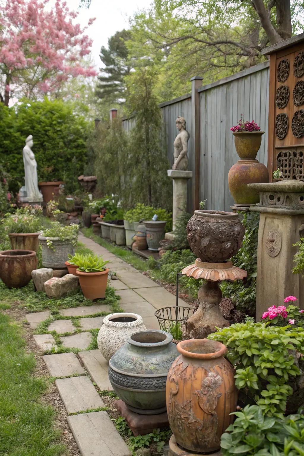 Decorative accents add personality to this eclectic backyard.