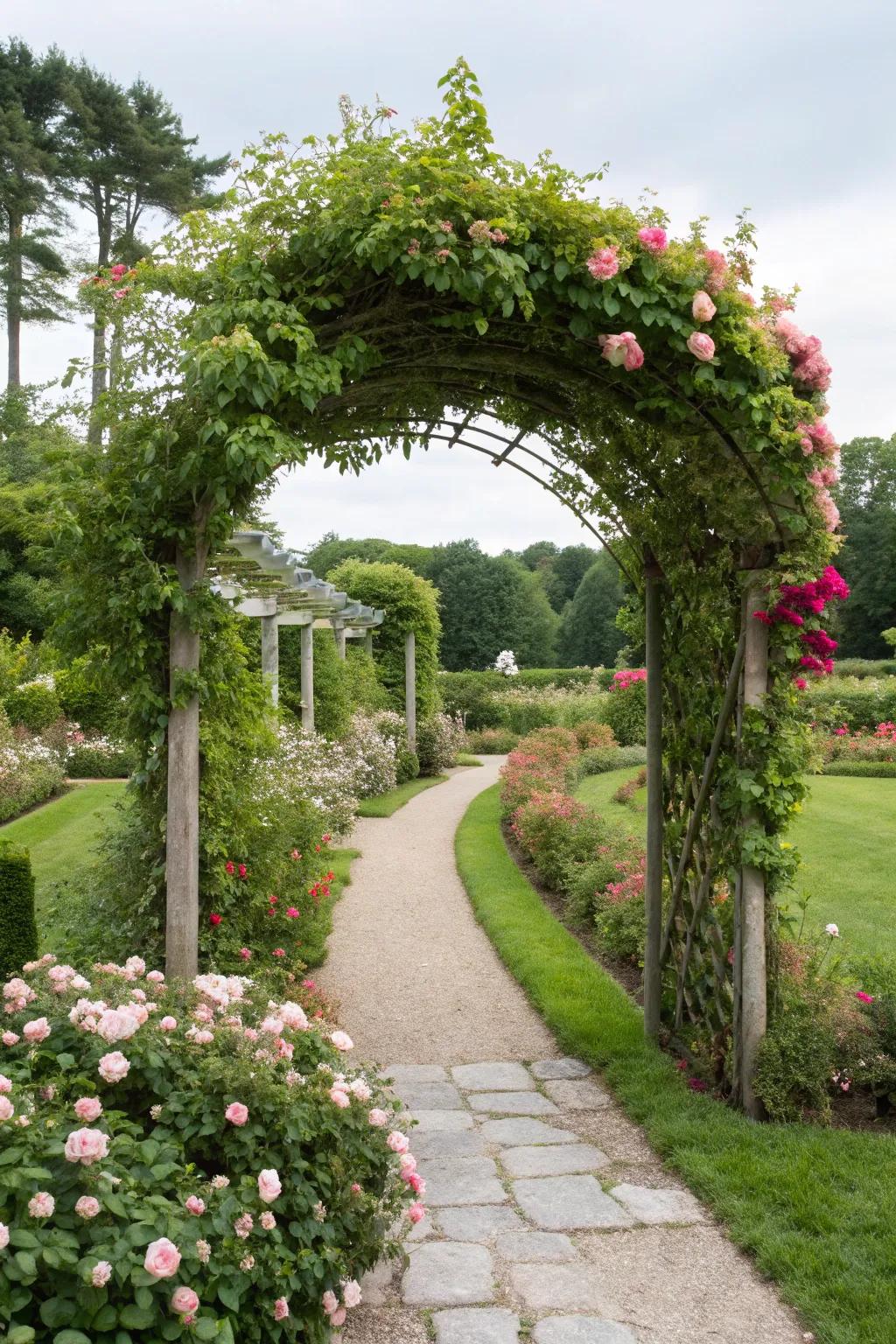 A charming arbor draped in greenery welcomes you into the garden.
