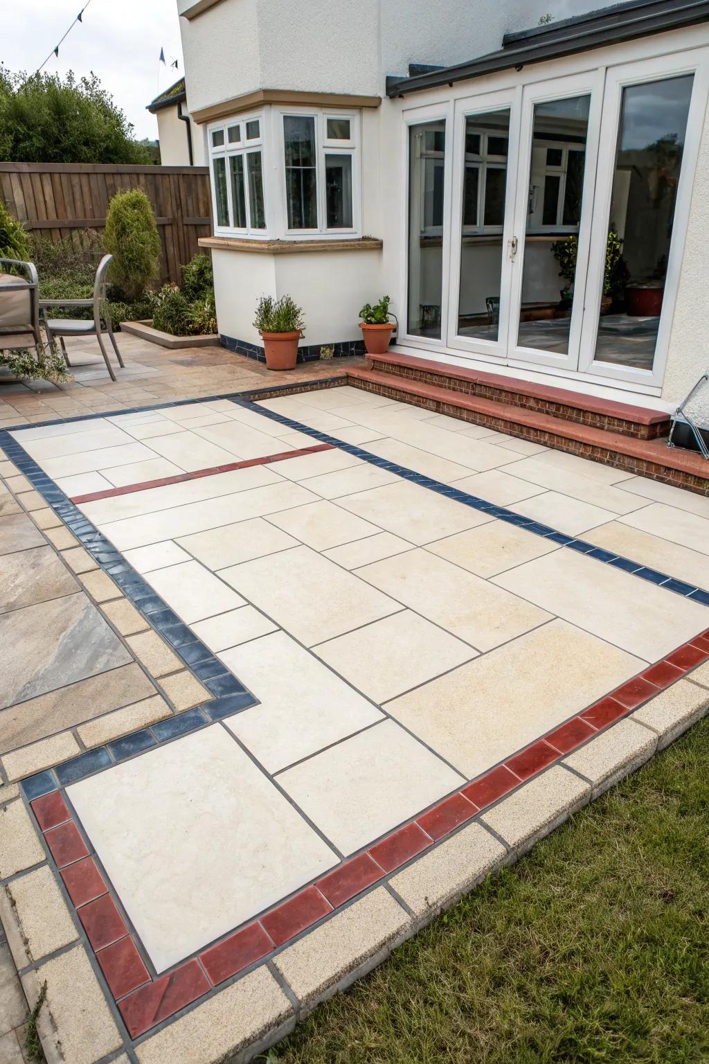 A stylish patio with sleek porcelain tile edging in elegant contrasting tones.