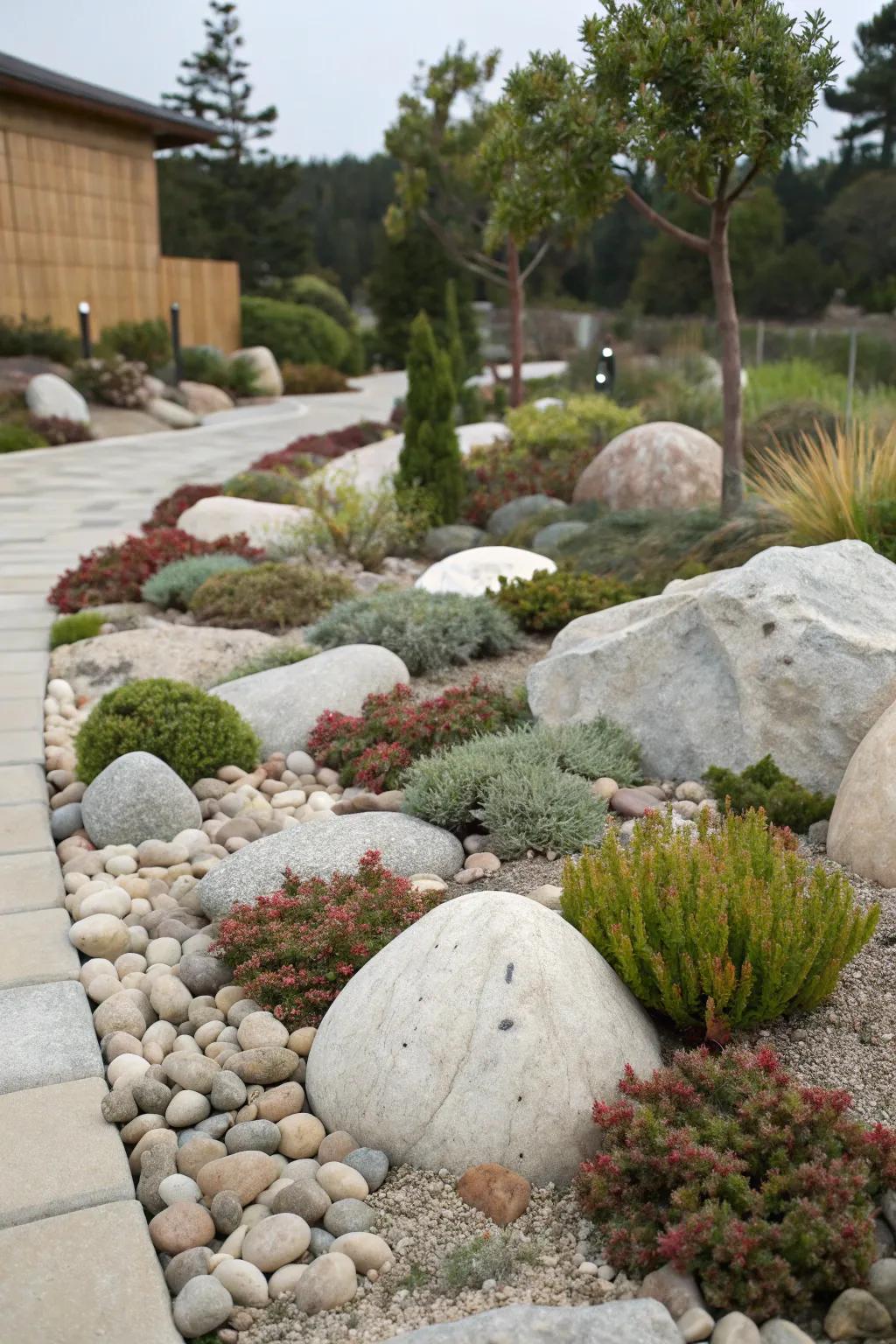 A rock garden with egg rocks requires minimal upkeep.