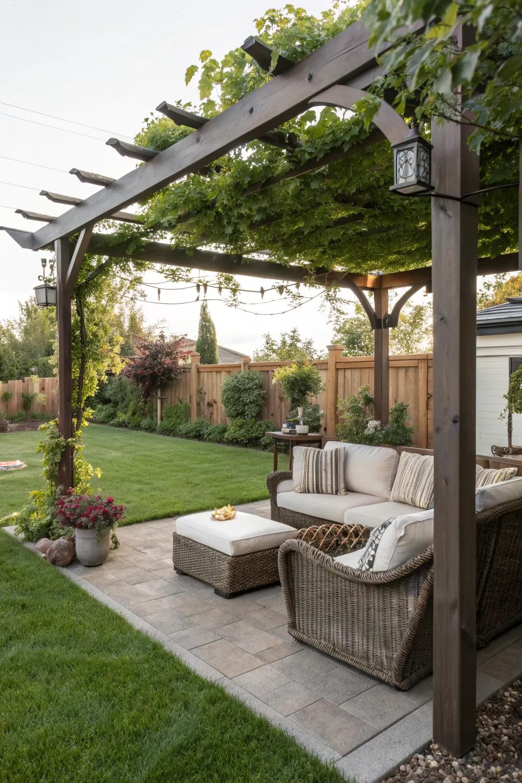A stylish pergola in the backyard, offering shade and style.