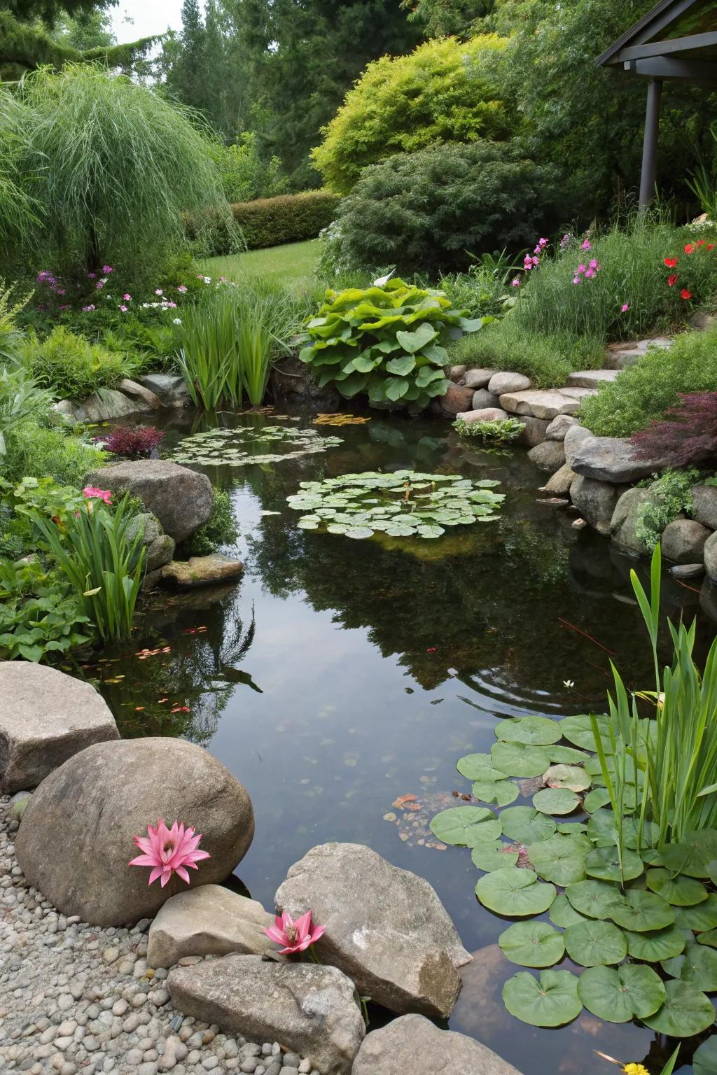 A tranquil pond adds serenity and reflection.