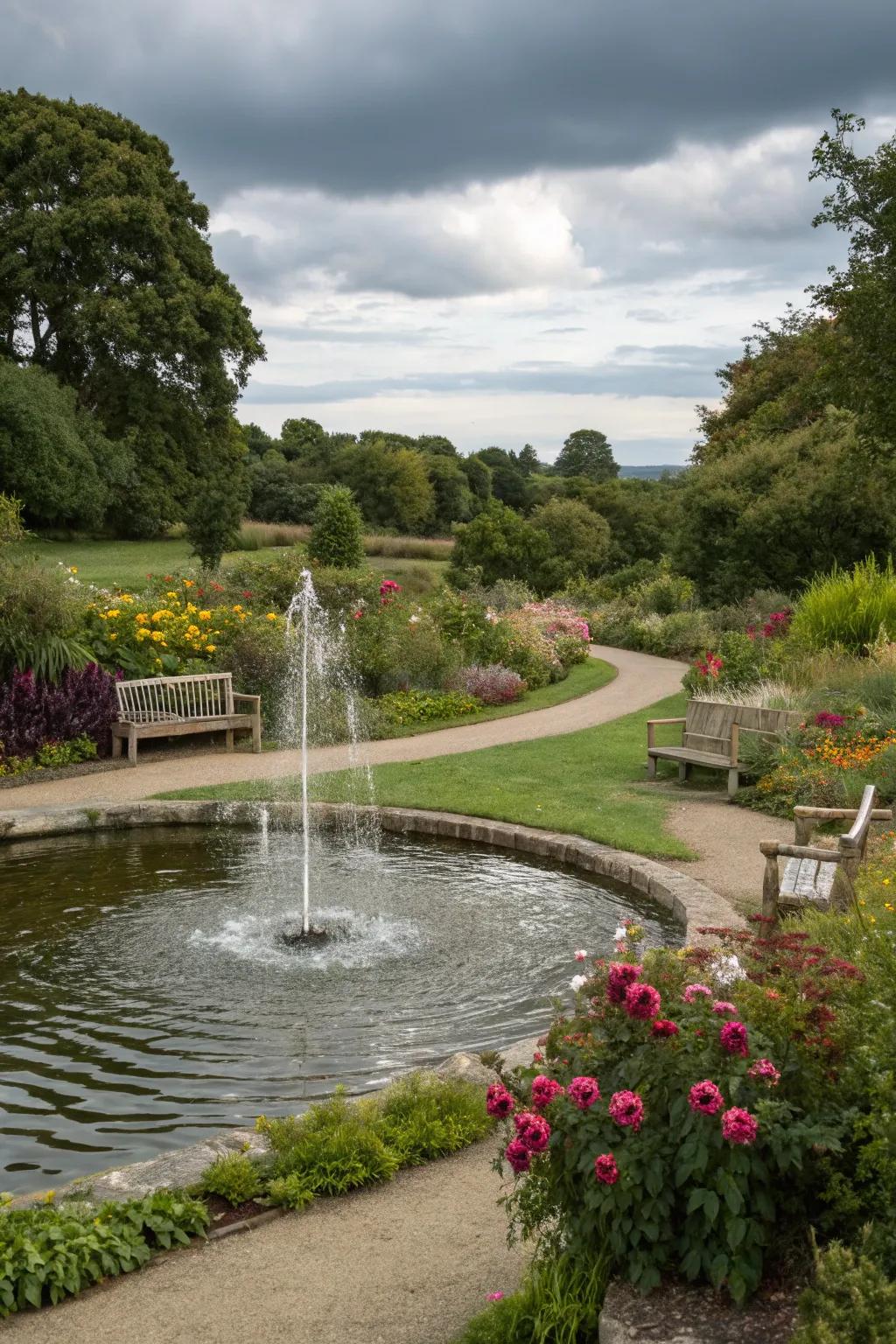 A small water feature brings tranquility to the garden.