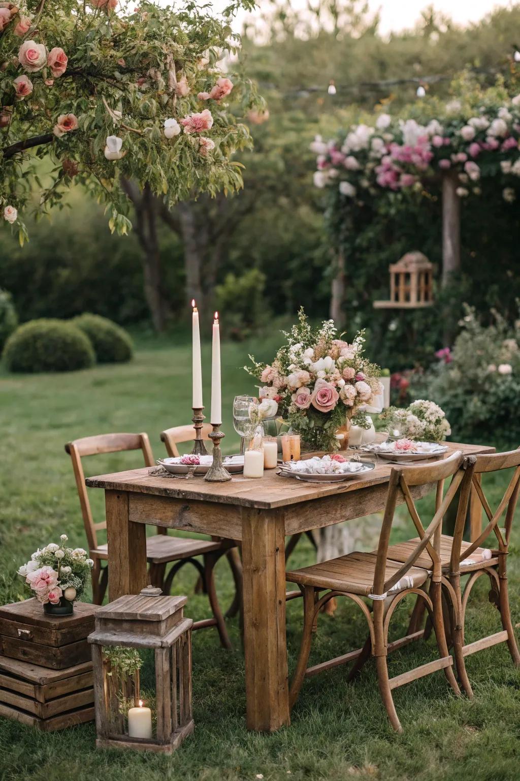 Rustic furniture enhances the garden's natural charm.