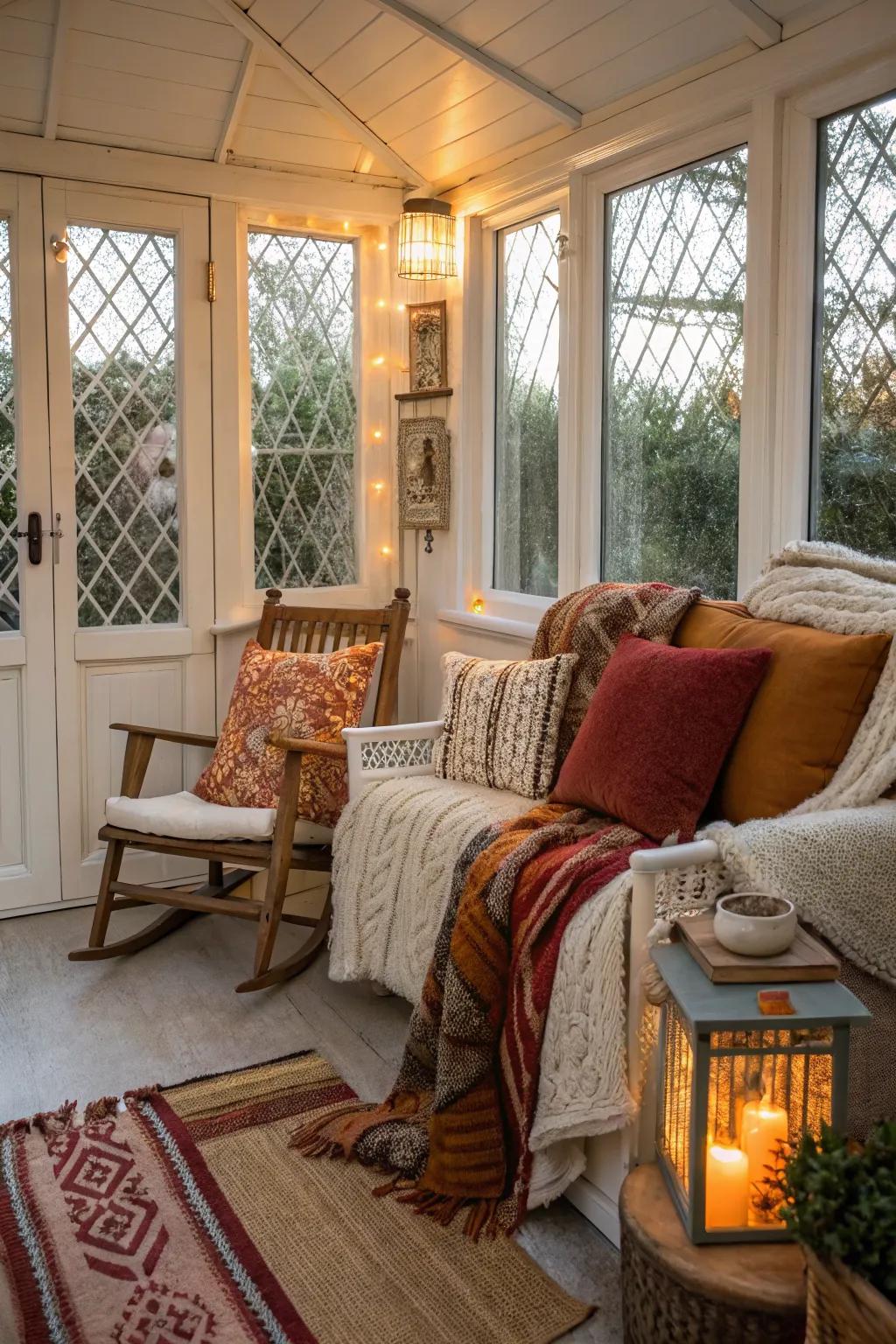 A small enclosed porch enhanced by layers of textiles and cozy decor.