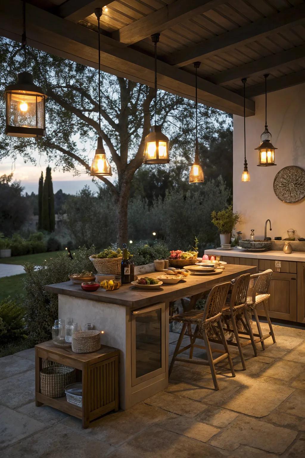 Integrated lighting enhances the charm of this outdoor kitchen at night.