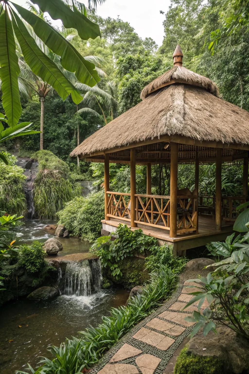 A tropical oasis pavilion that brings vacation vibes to your backyard.