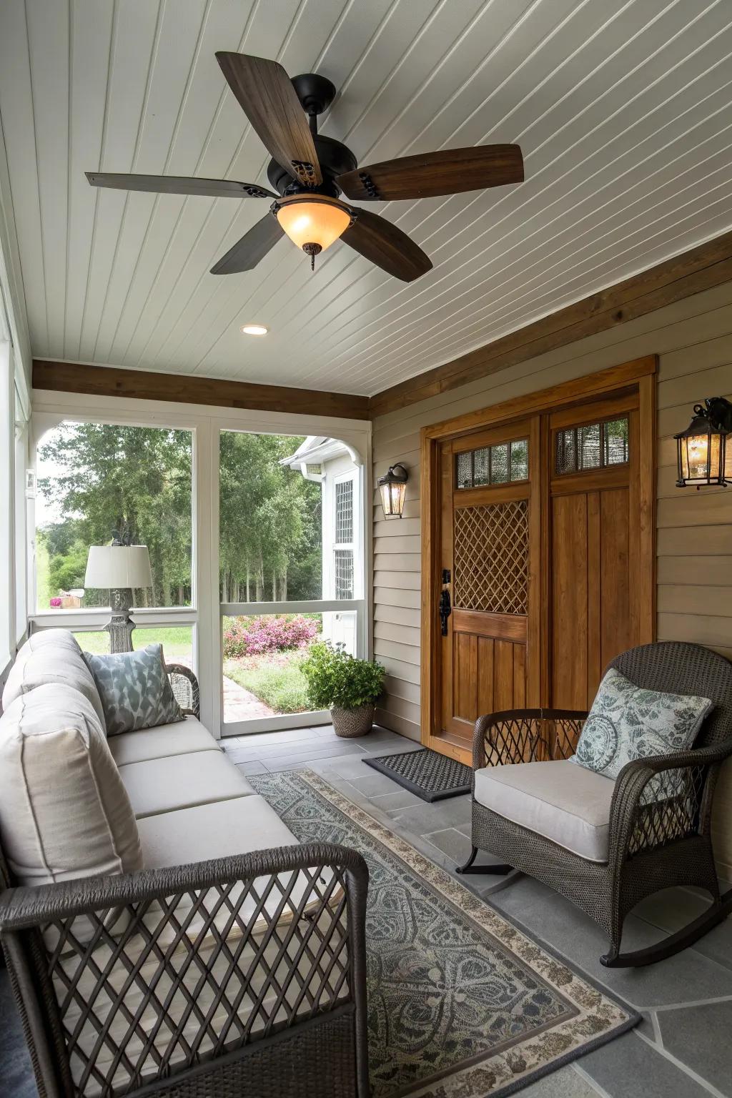 A ceiling fan keeps your porch breezy and pleasant.