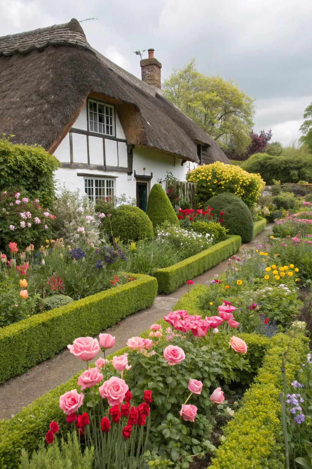 Structured hedges offer a striking contrast to the garden's lively colors.