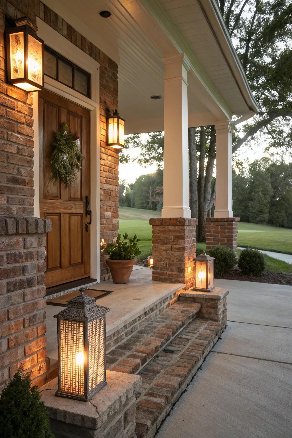 Brick lanterns create a warm, inviting atmosphere.
