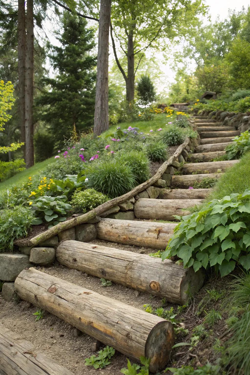 Log retaining walls offer rustic support