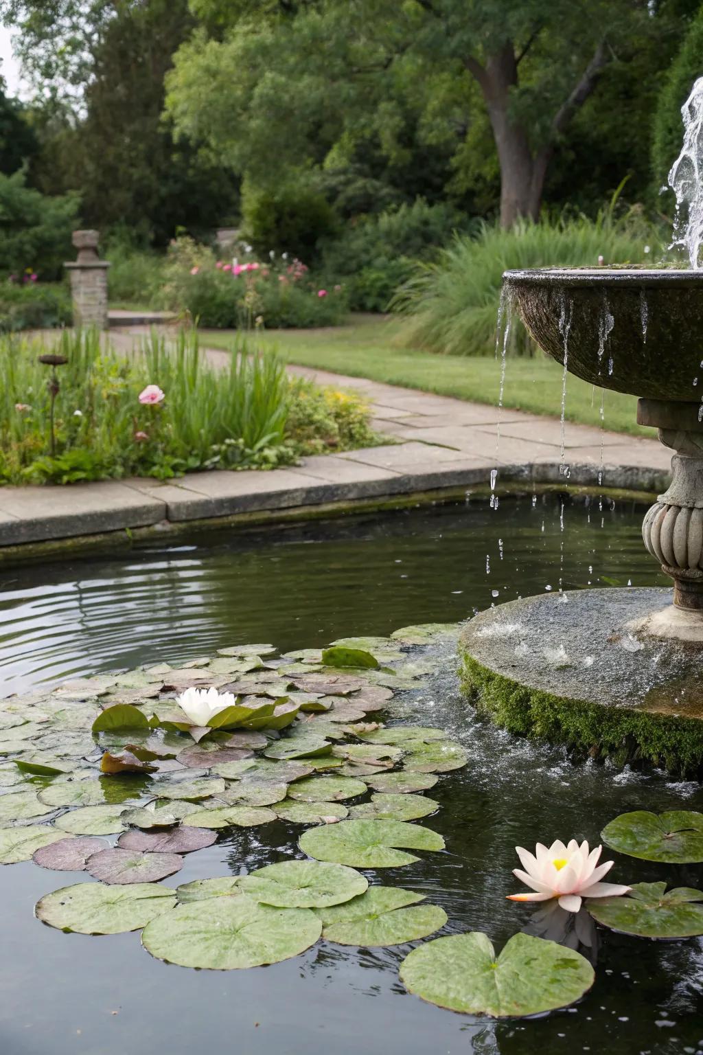 A serene garden pond with a gentle fountain and lily pads.