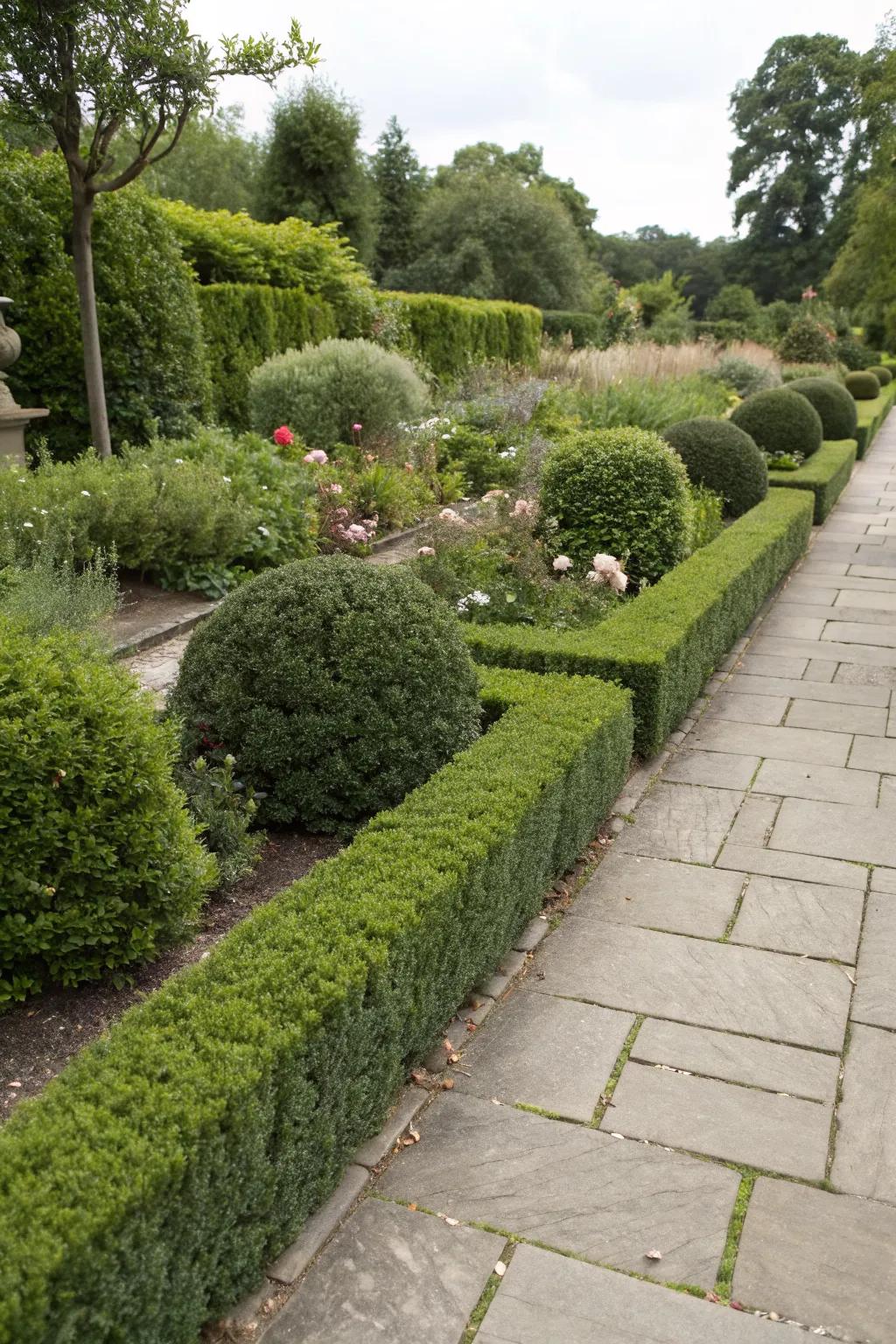 Low-growing shrubs forming defined borders in a garden.