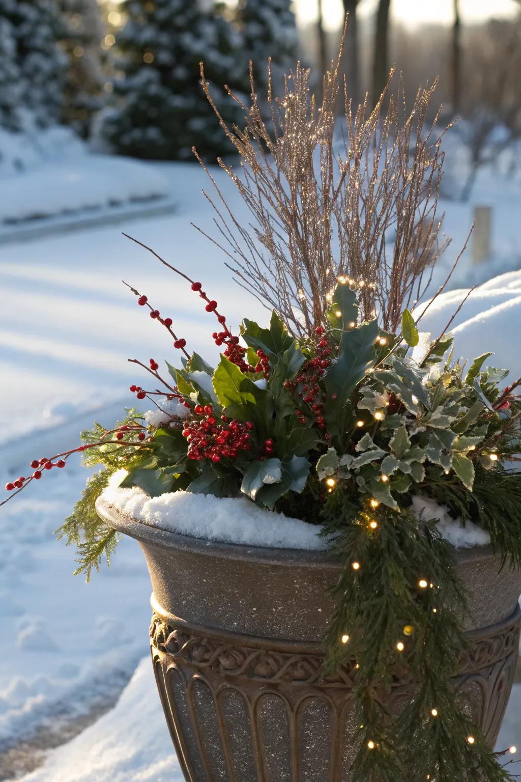 Metallic accents bring a touch of sparkle to any winter arrangement.