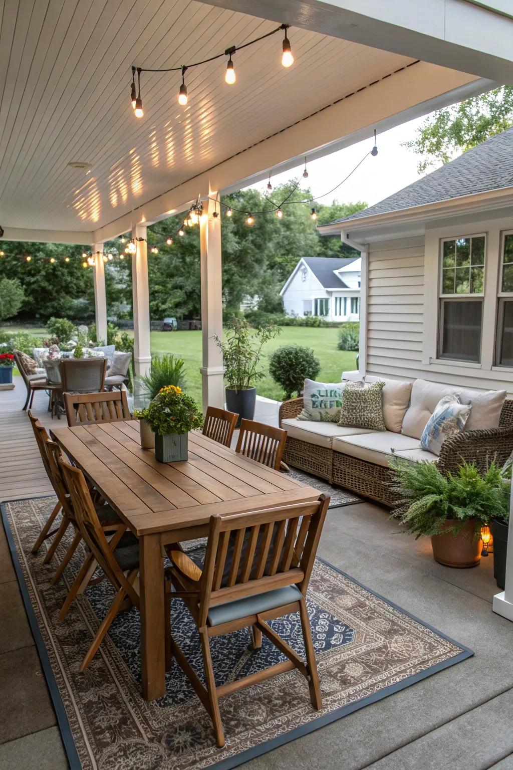Functional layout: A porch designed for dining and lounging.