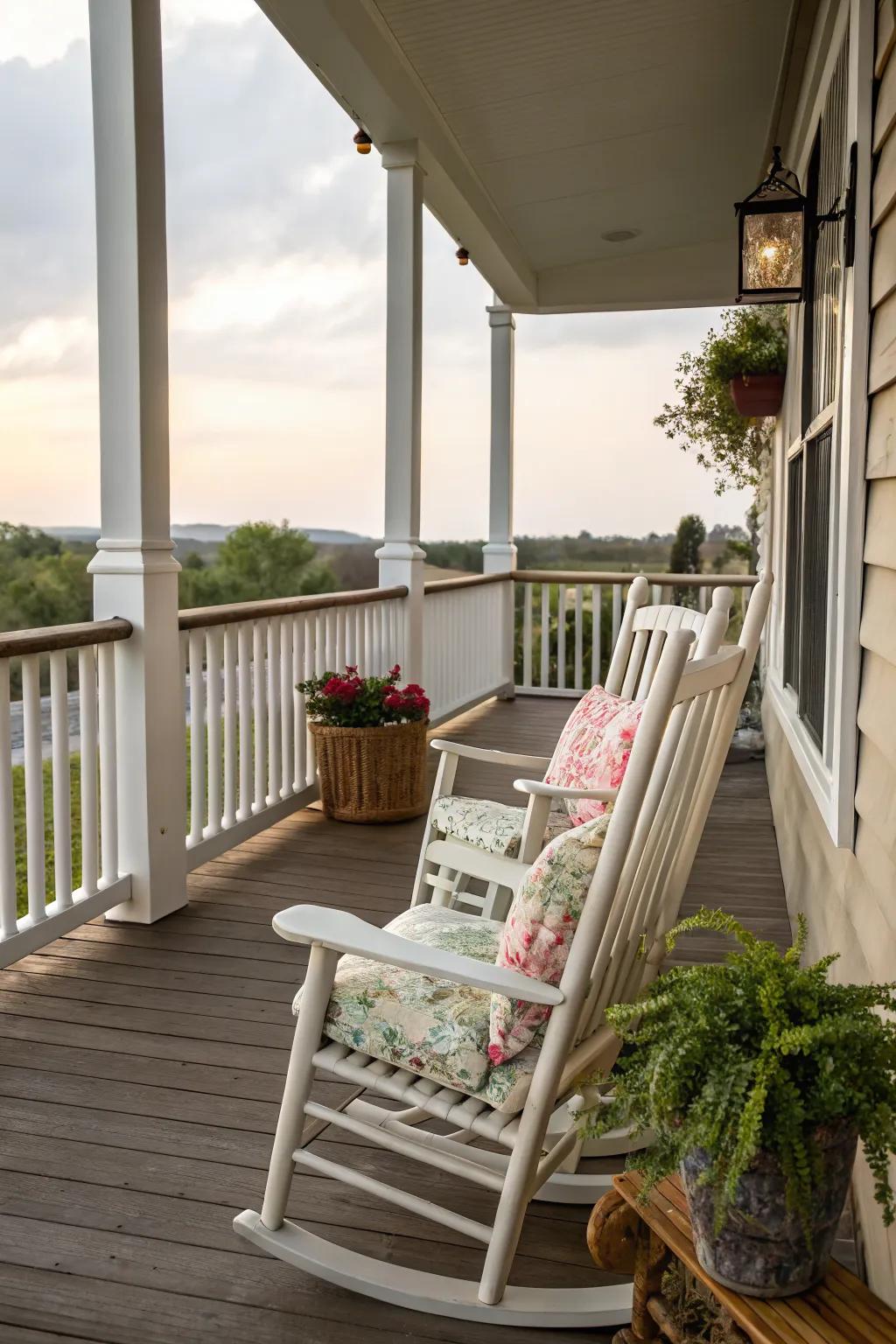 Rocking chairs offer a classic and comfortable resting spot.