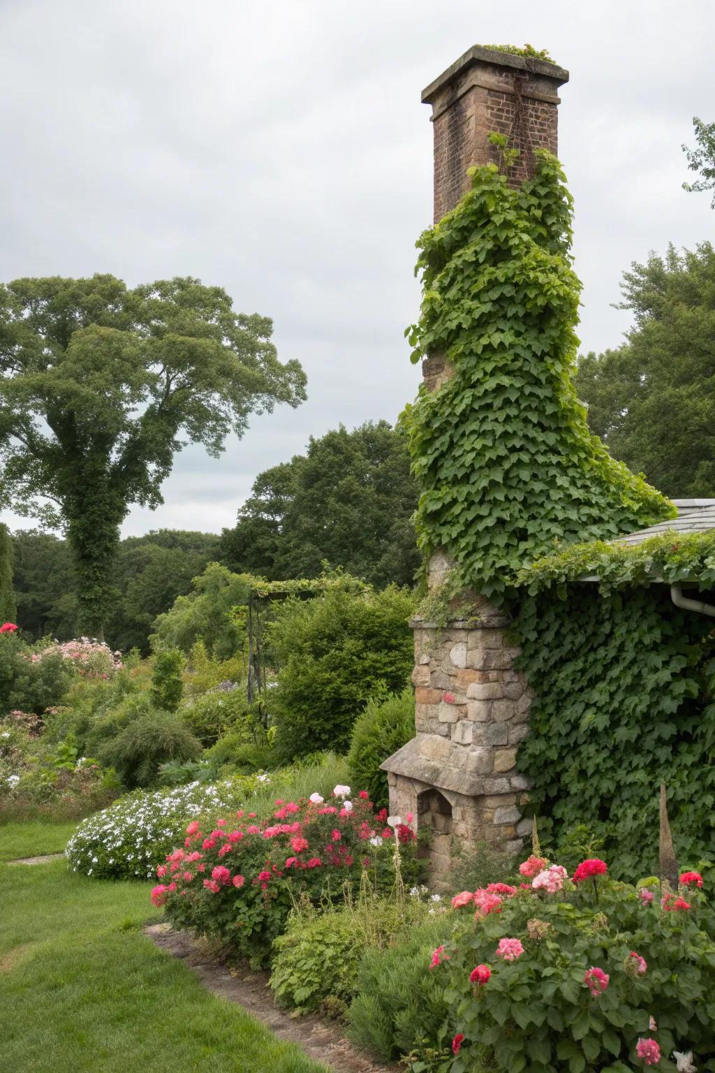 A nature-integrated chimney with ivy adding a touch of greenery.