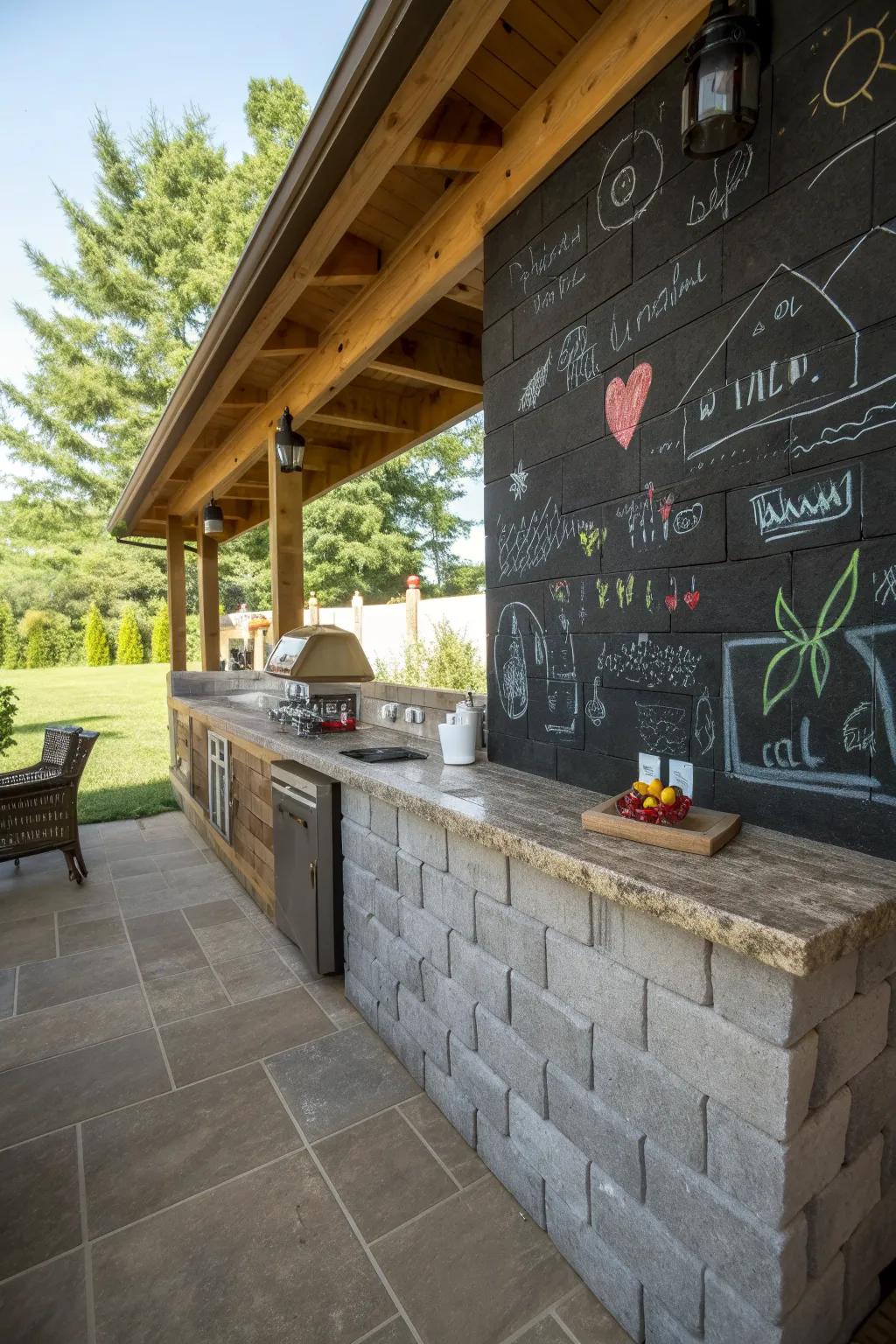 A chalkboard wall invites creativity and personal expression.