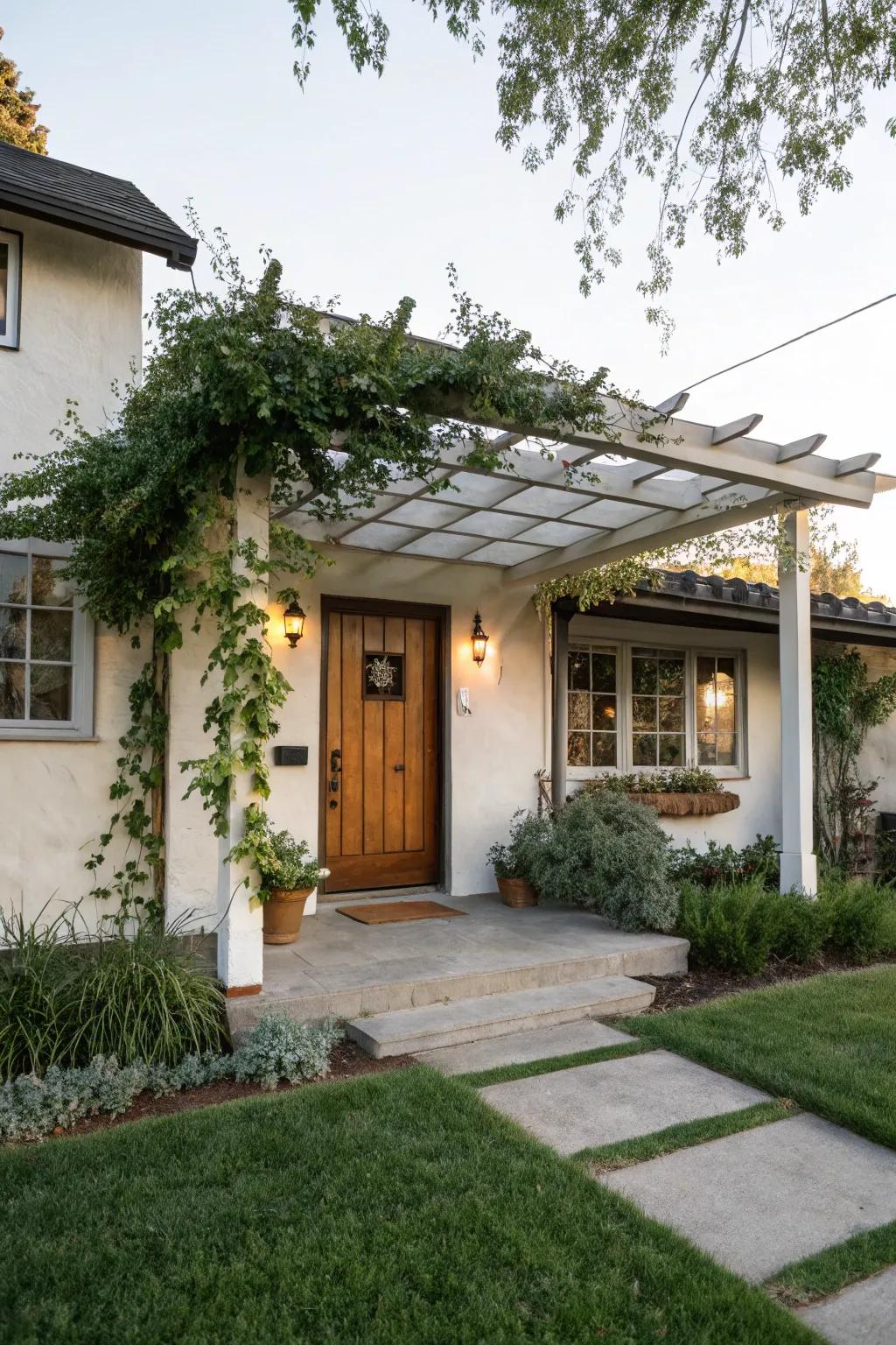 A charming pergola adds dimension and appeal to this flat front house.