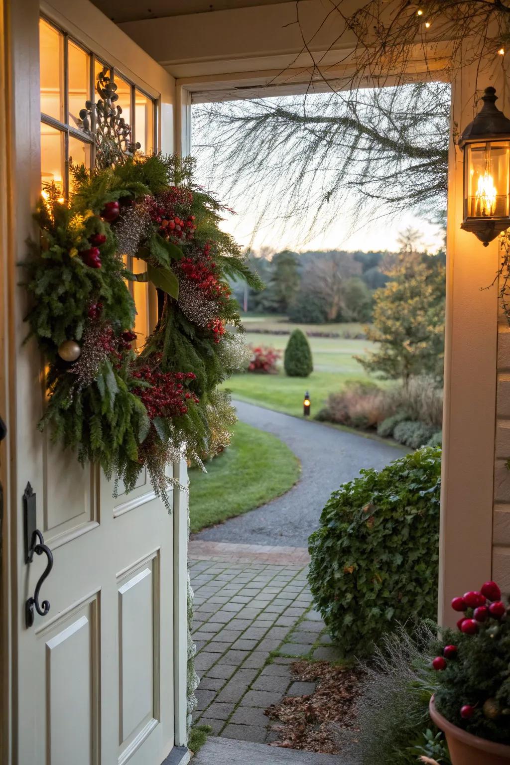 A decorative wreath adds a personal and seasonal touch to your entryway.
